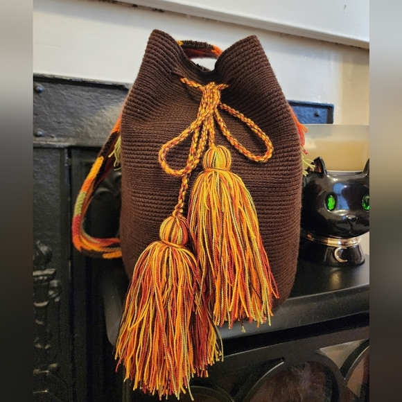 Handmade Handbags - Hand Knit Wiven Brown Orange Buckwt Crossbody Bag